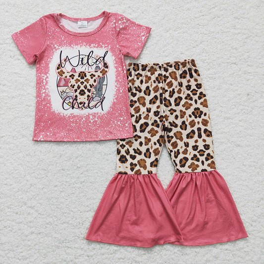 GSPO0254 Baby Girl Short Sleeves Wild Cow Shirt Leopard Bell Pants Set