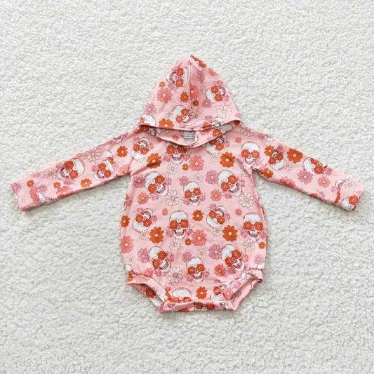 LR0269 Baby Kids Skull Floral Long Sleeves Hoodie Halloween Romper