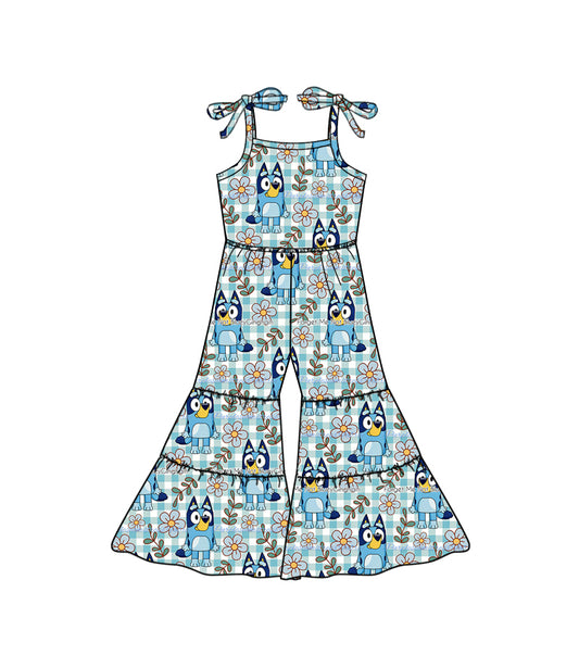 Baby Girl Sleeveless Dogs Floral Plaid Blue Jumpsuit Moq 5