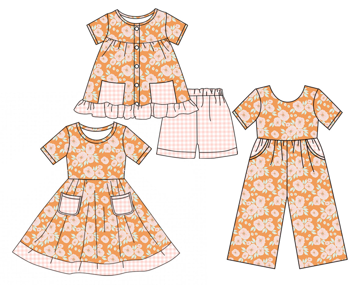 Baby Girl Short Sleeves Pockets Flower Sibling Jumpsuit Dress Set ( Moq 5 Each Style ) 3.17