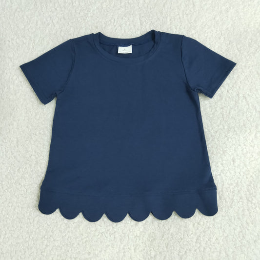 Baby Girls Kids Short Sleeves Scalloped Navy Shirt Tops Cotton Clothes RTS