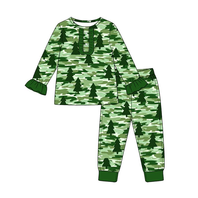 ( Moq 5 ) Preorder Baby Girls Kids Green Tree Christmas Shirt Pants Pajamas Camo Set Clothes