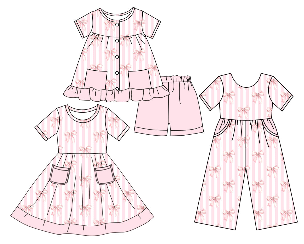 Baby Girl Short Sleeves Stripes Bows Pockets Sibling Jumpsuit Dress Set ( Moq 5 Each Style ) 3.17