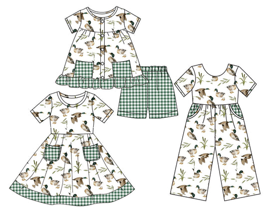 Baby Girl Short Sleeves Ducks Pockets Sibling Jumpsuit Dress Set ( Moq 5 Each Style ) 3.17
