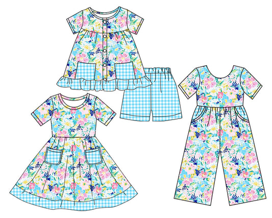 Baby Girl Short Sleeves Pockets Flower Blue Sibling Jumpsuit Dress Set ( Moq 5 Each Style ) 3.17