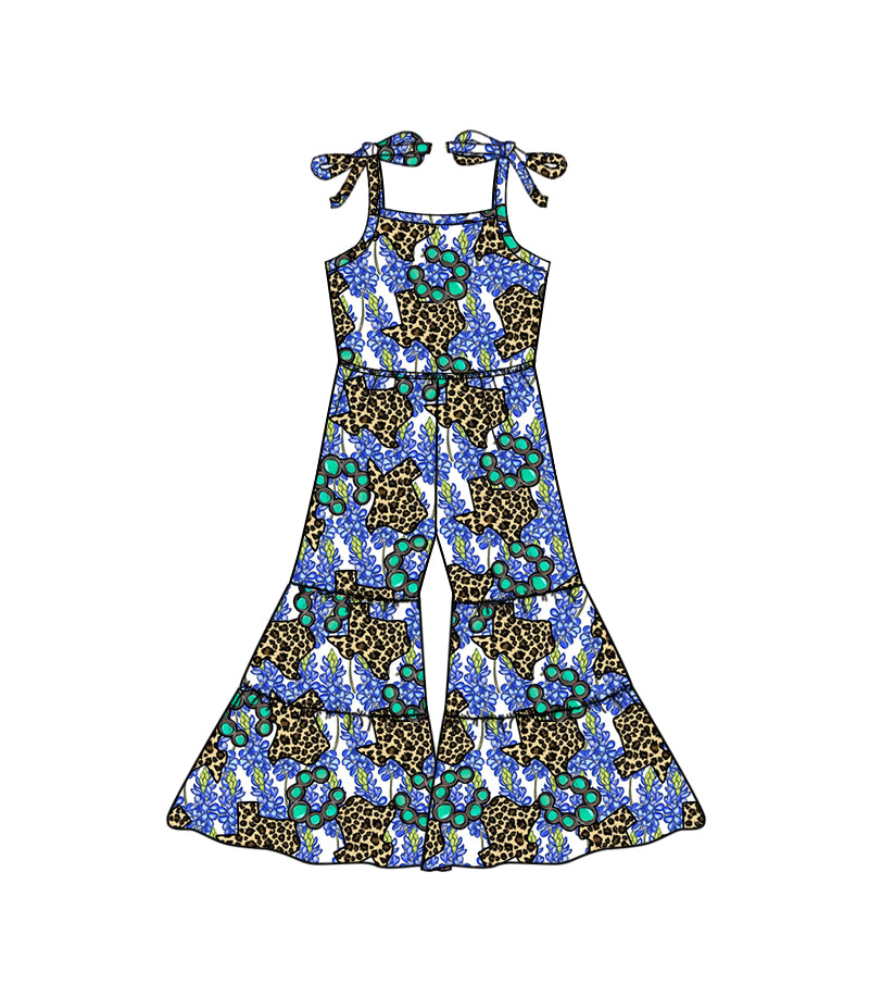 Baby Girl Sleeveless Leopard Blue Floral Jumpsuit Moq 5