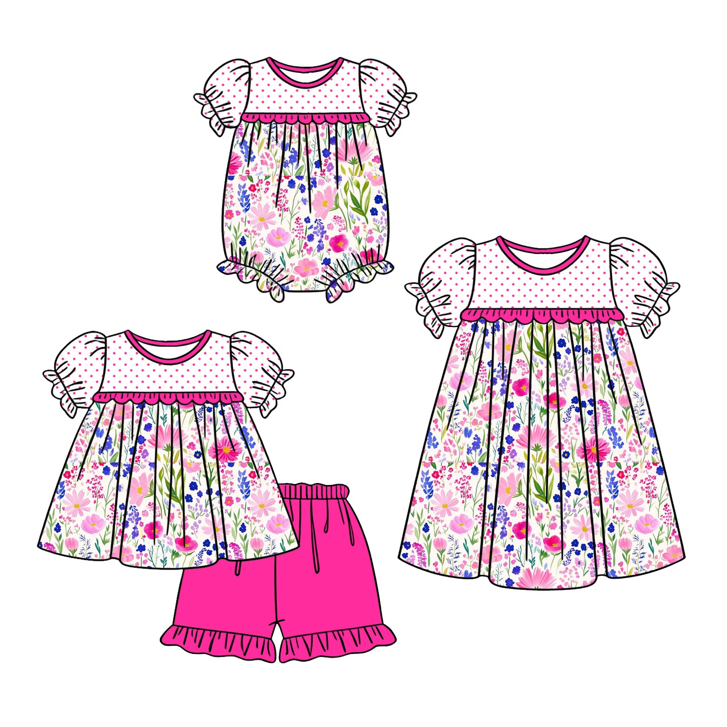 ( Moq 5 Each Style ) Baby Girls Kids Short Sleeves Flower Pink Ruffle Sibling Romper Dress Set Clothes