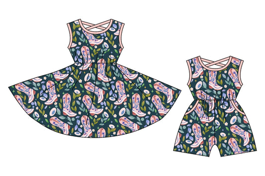 Baby Girl Sleeveless Western Boots Sibling  Dress Jumpsuit ( Moq 5 Each Style ) 12.20