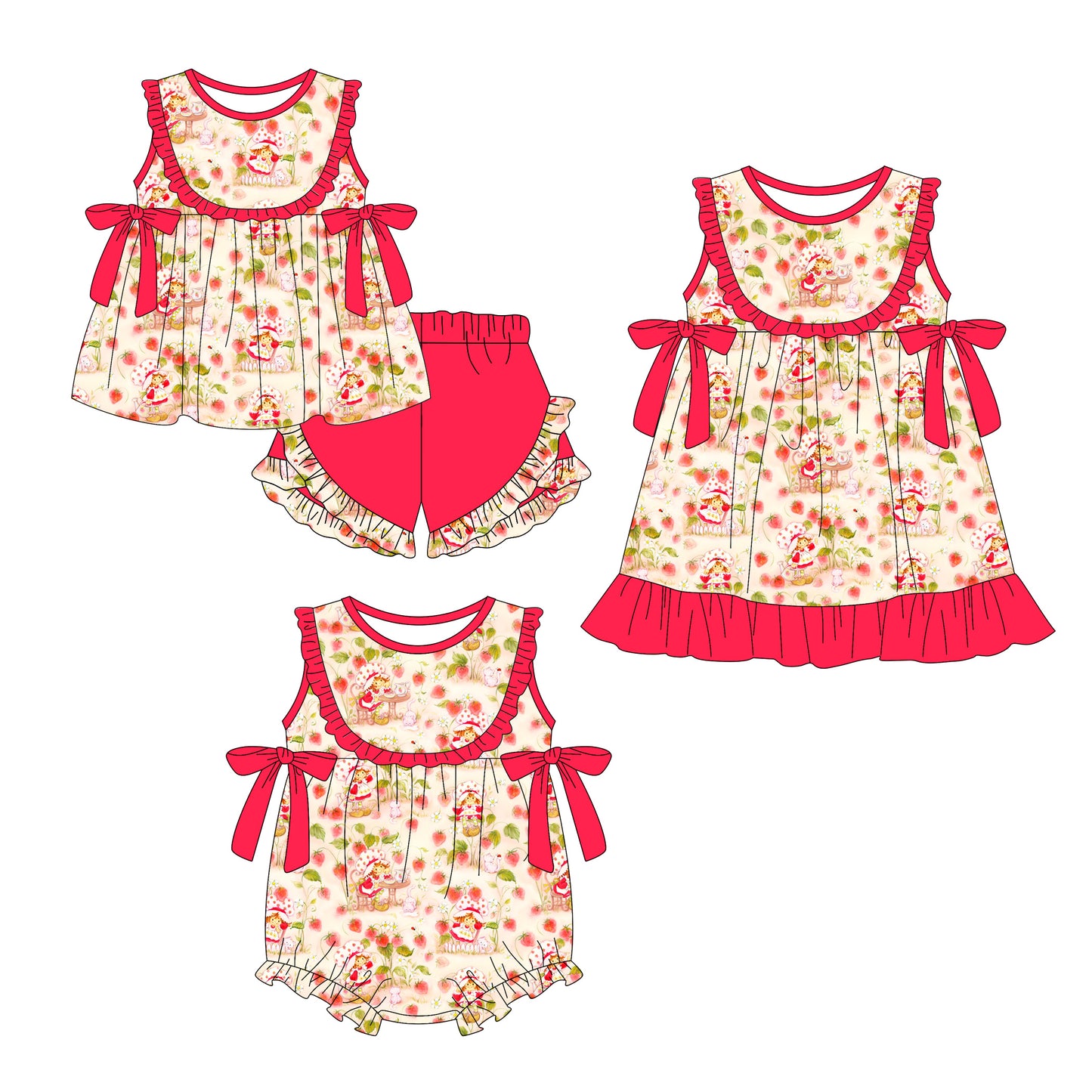 ( Moq 5 Each Style ) Sibling Baby Girls Kids Strawberry Bows Romper Dress Set Summer Clothes