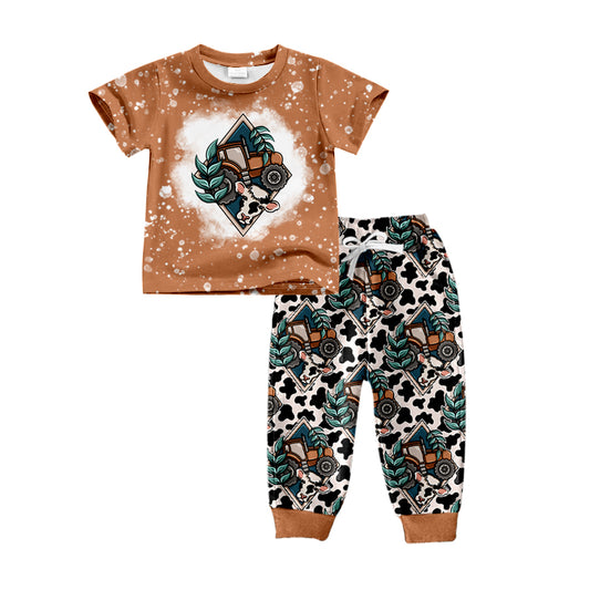 Baby Boy Western Tractor Shirt Cow Print Pants Clothes Set