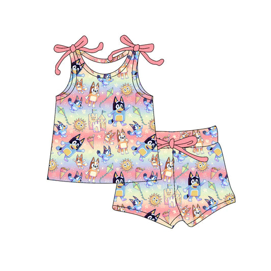 Baby Girl Bows Sleeveless Cartoon Dogs Suns Top Short Set ( Moq 5 )