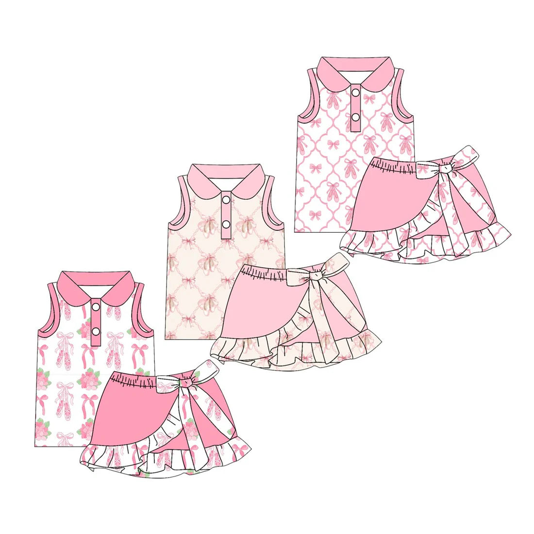 ( Moq 5 Each Style ) Sibling Baby Girls Toddler Bows Buttons Shirts Ruffle Skirts Shorts Summer Sets