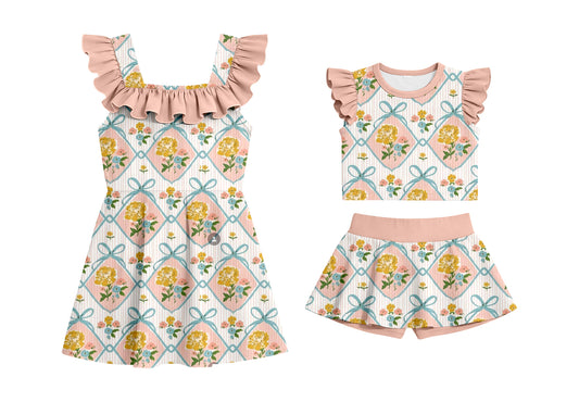 ( Moq 5 Each Style ) Baby Girls Kids Short Sleeves Flower Bows Sibling Summer Ruffle Dress Set