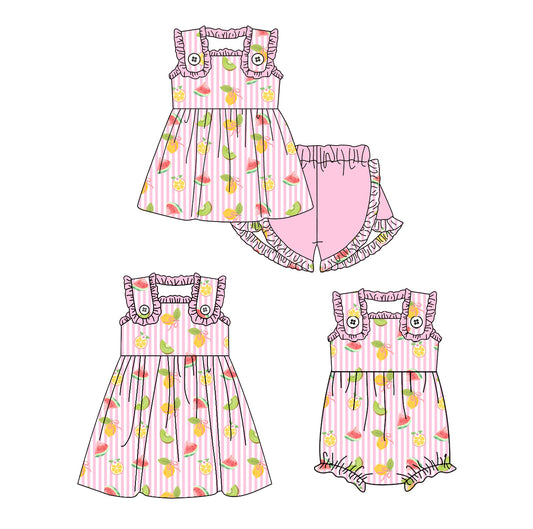 ( Moq 5 Each Style ) Sibling Baby Girls Kids Fruits Stripes Romper Dress Set Summer Clothes