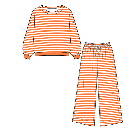 ( Moq 5 ) Baby Girls Kids Long Sleeves Orange Stripes Shirt Pants Set Clothes