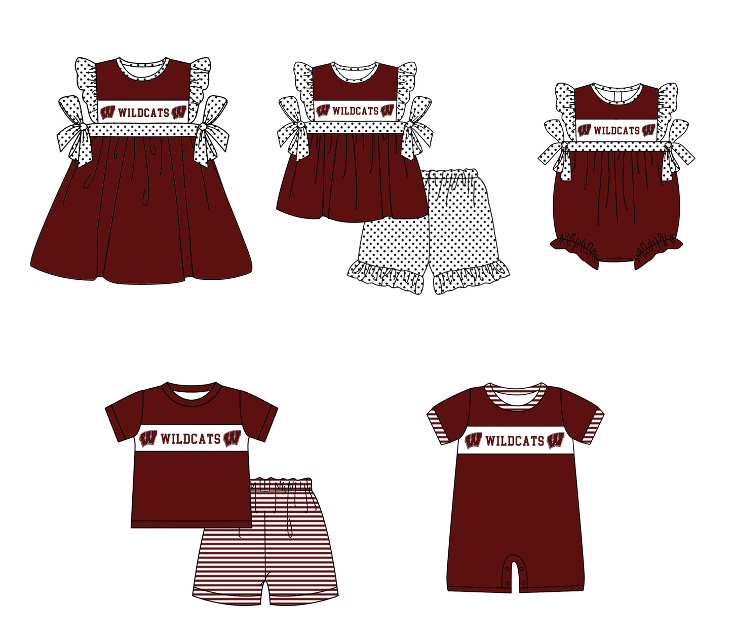 ( Moq 5 Each Style ) Baby Boys Girls Kids Short Sleeves Team Sibling Dark Red Romper Dress Set