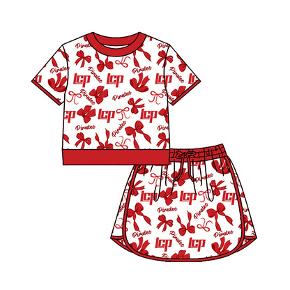 ( Moq 5 Each Style ) Sibling Baby Girls Kids Red Bows Team Shirt Sets Clothes