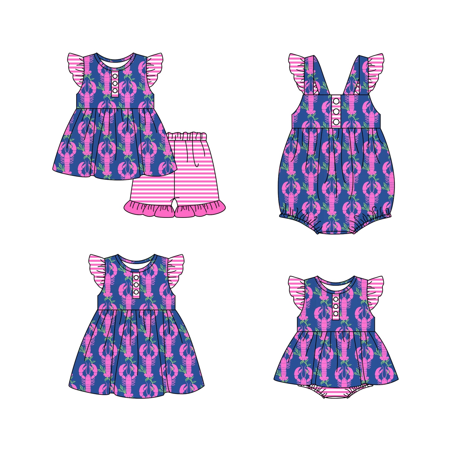 Baby Girl Short Sleeves Crawfish Sibling Romper Dress Clothes Set ( Moq 5 Each Design )
