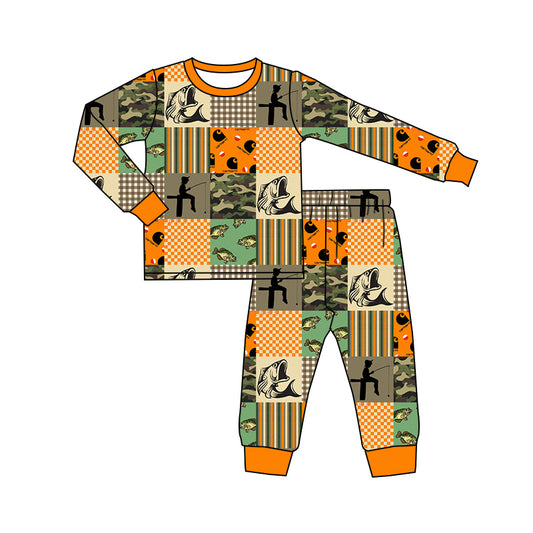 Baby Boy Toddler Long Sleeves Fishing Camo Checkered Shirt Pants Pajamas Set