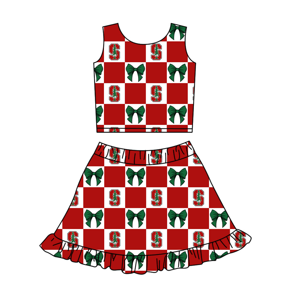 ( Moq 5 ) Baby Girls Kids Sleeveless Tree Bows Checked Tops Shorts Ruffle Skirt Team Set