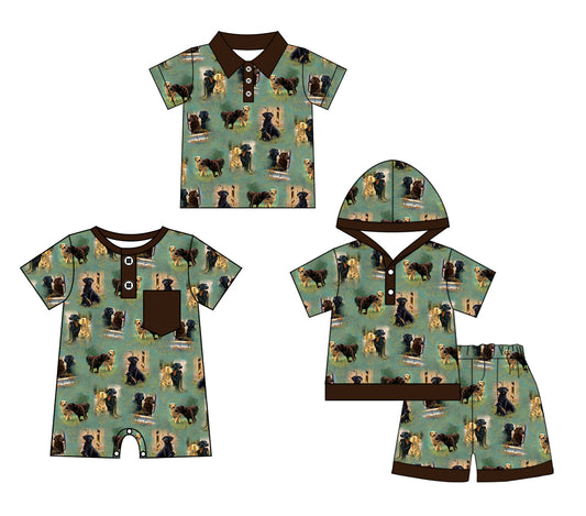 Baby Boy Short Sleeves Sibling Dogs Green Romper Clothes Set ( Moq 5 Each Design )11.27