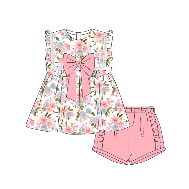 Baby Girl Sleeveless Pink Floral Tunic Ruffle Shorts Set ( Moq 5 )