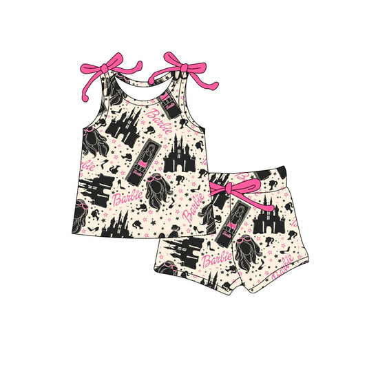 Baby Girl Bows Sleeveless Cartoon Dolls Castle Top Short Set ( Moq 5 )