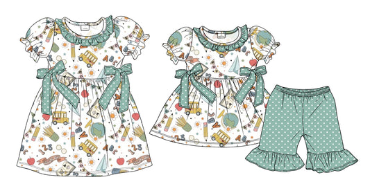 ( Moq 5 Each Style ) Sibling Baby Girls Kids Back to School Green Bows Dress Set Clothes