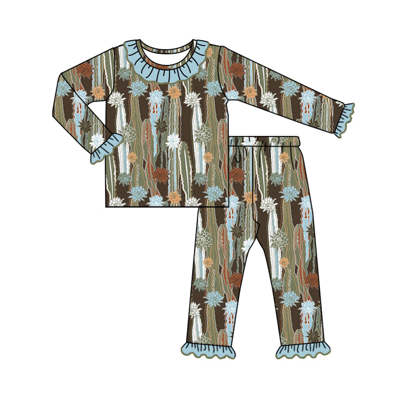 Baby Girl Long Sleeves Western Flower Cactus Shirt Pants Pajamas Set