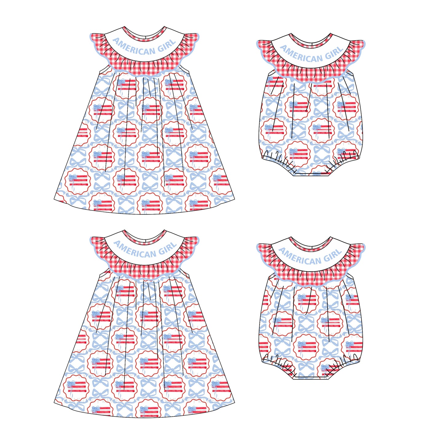 ( Moq 5 Each Style ) Baby Girl 4th Of July Flags Bows Sibling Summer Romper Dress 4.22