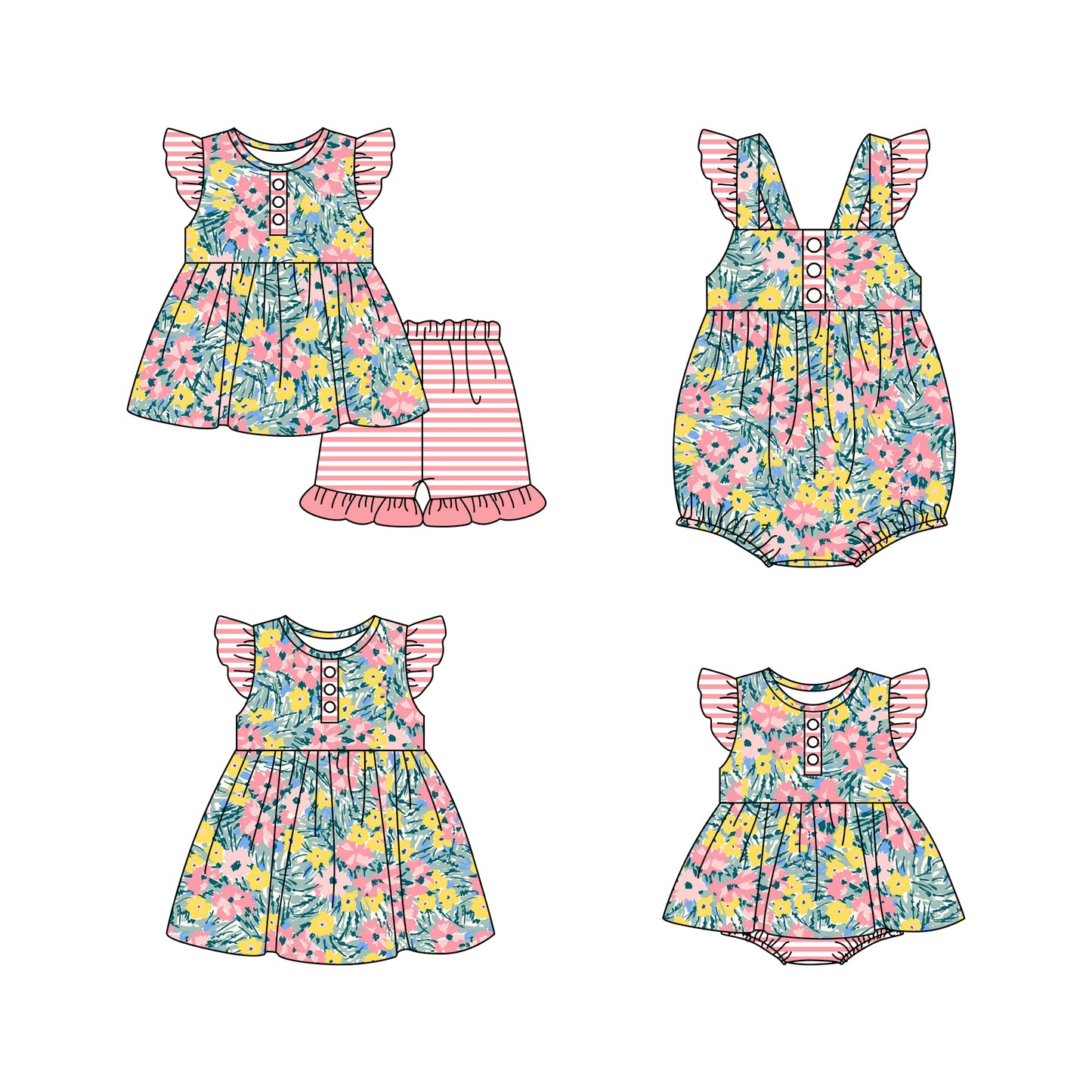 Baby Girl Floral Stripes Sibling Romper Dress Clothes Set ( Moq 5 Each Design )