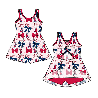 ( Moq 5 each style ) Baby Girl Toddler A Team Red Blue Bows Sibling Romper Dress Set 6.16