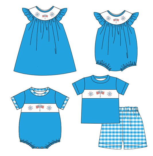 ( Moq 5 Each Style ) Baby Boys Girls Short Sleeves Flags 4th of July Sibling Romper Dress Set