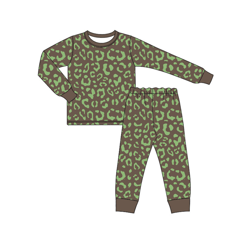 Baby Kids Toddler Long Sleeves Green Leopard Shirt Pants Pajamas Set