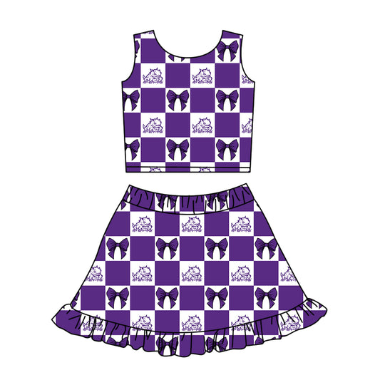 ( Moq 5 ) Baby Girls Kids Frog Bows Purple Checked Tops Shorts Ruffle Skirt Team Set