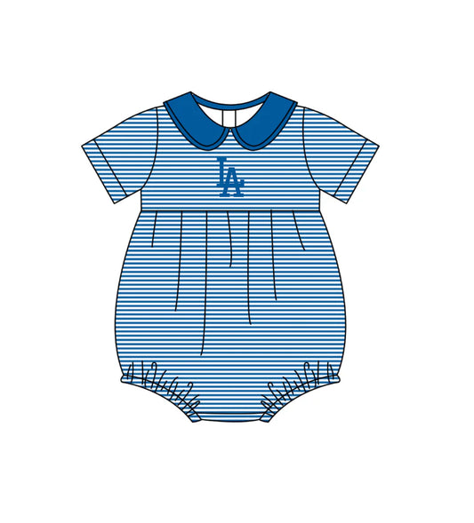 ( Moq 5 ) Sibling Baby Girls Infant Short Sleeves LA Blue Stripes Team Bubble Romper