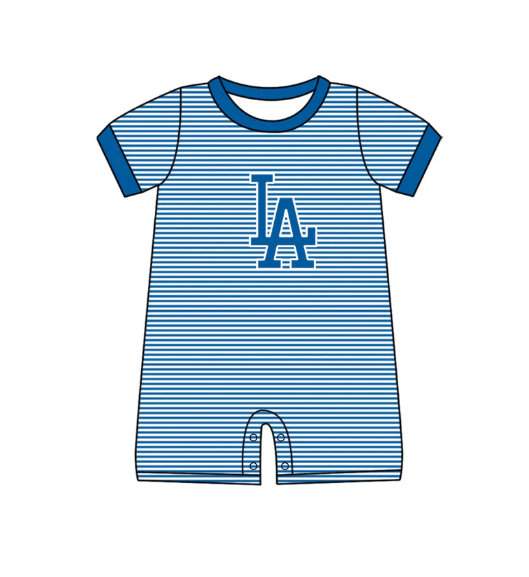 ( Moq 5 ) Sibling Baby Boys Infant Short Sleeves LA Blue Stripes Team Romper