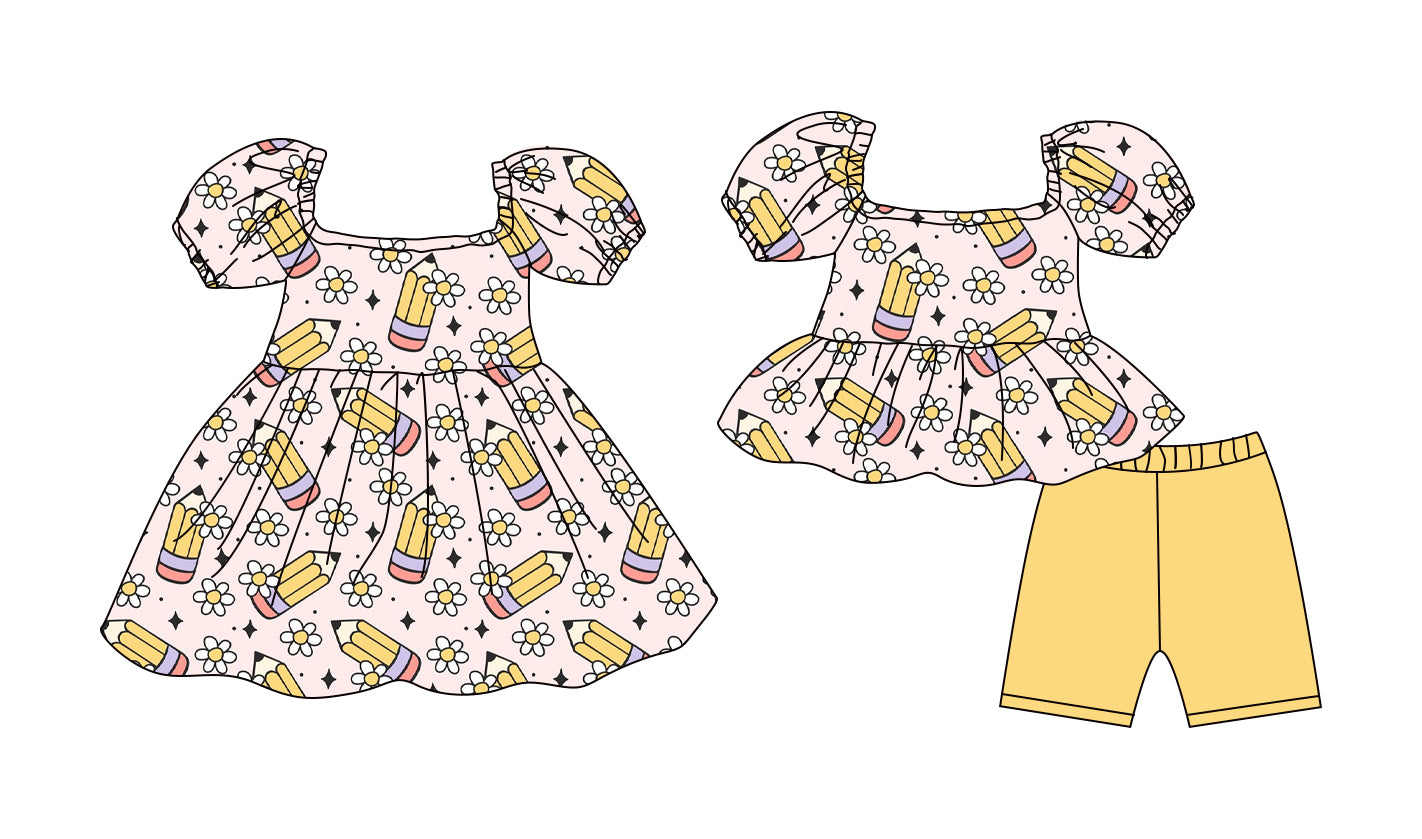 ( Moq 5 Each Style ) Baby Girls Kids Pencil Flower Sibling Back to School Dress Set