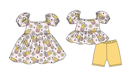 ( Moq 5 Each Style ) Baby Girls Kids Pencil Flower Sibling Back to School Dress Set
