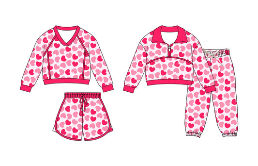 ( Moq 5 Each Style ) Sibling Baby Girls Hearts Long Sleeves Zipper Shirt Shorts Pants Valentine Sets