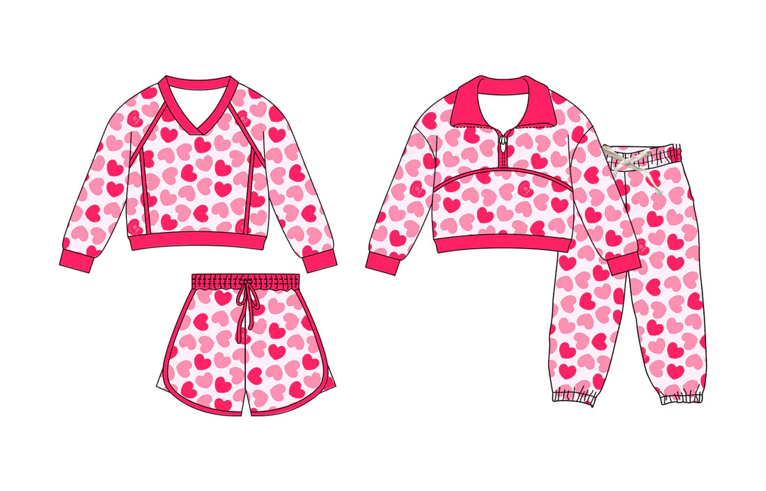 ( Moq 5 Each Style ) Sibling Baby Girls Hearts Long Sleeves Zipper Shirt Shorts Pants Valentine Sets