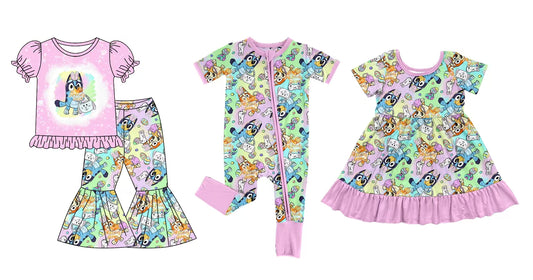 Baby Girl Short Sleeves Easter Rabbits Eggs Dogs Sibling Romper Dress Clothes Set ( Moq 5 Each Design )12.5