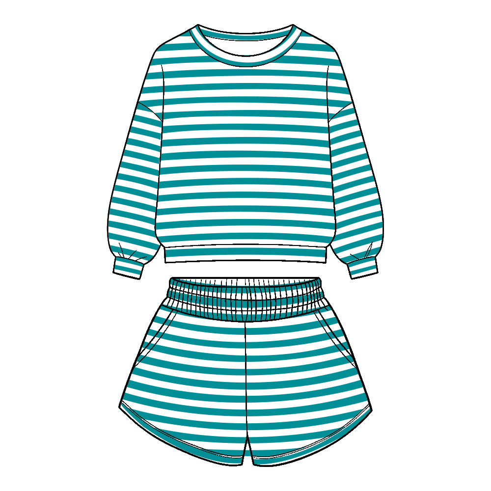 ( Moq 5 ) Baby Girls Kids Long Sleeves Stripes Shirt Pockets Shorts Team Set Clothes