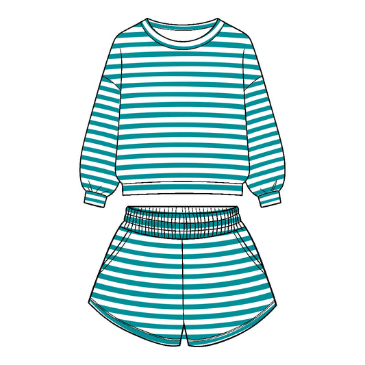( Moq 5 ) Baby Girls Kids Long Sleeves Stripes Shirt Pockets Shorts Team Set Clothes