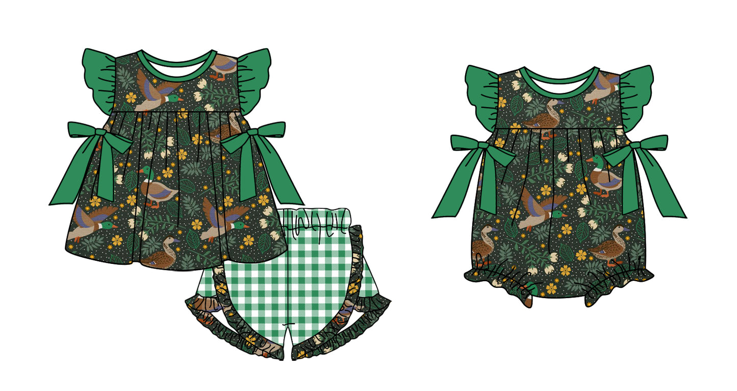 Baby Girl Short Sleeves Ducks Flower Sibling Matching Romper Set ( Moq 5 Each Design )