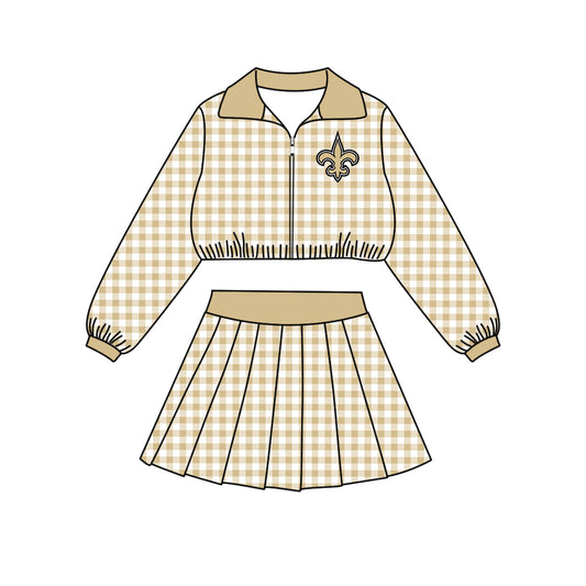 ( Moq 5 ) Baby Girls Kids Long Sleeves Plaid Zipper Tops Skirt Shorts Team Set Clothes