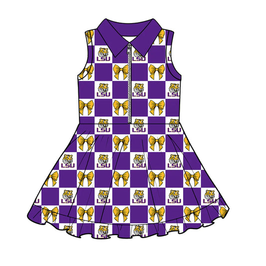 ( Moq 5 Each Style ) Baby Girls Kids Toddler Tigers Bows Purple Plaid Team Zipper Shorts Knee Length Dress