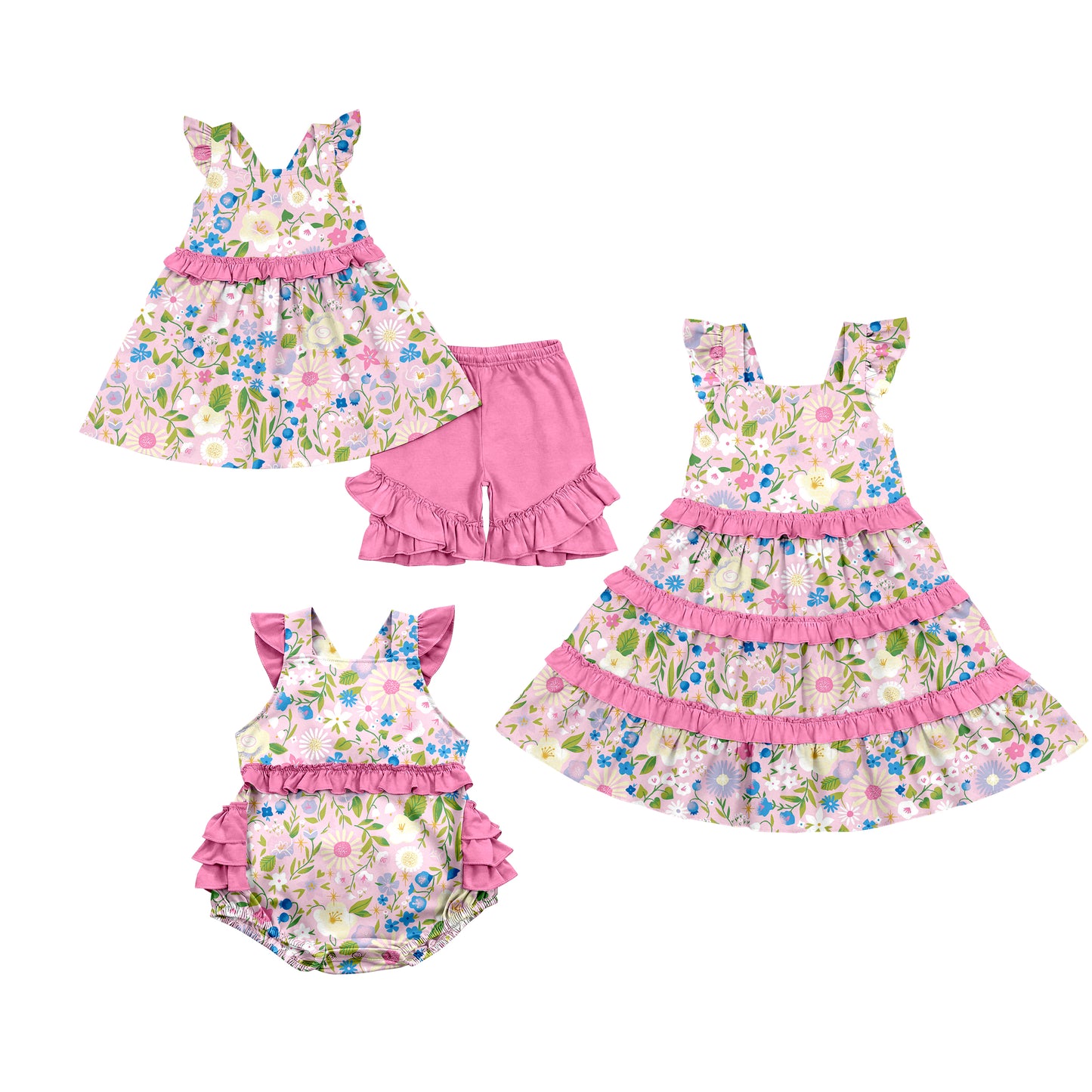 ( Moq 5 Each Style ) Baby Girls Kids Short Sleeves Flower Sibling Pink Ruffle Romper Dress Set