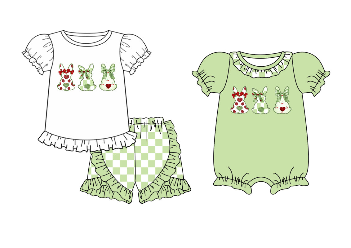 Children Girl Easter Rabbits Green Checkered Sibling Romper Clothes Set ( Moq 5 Each Design )11.30