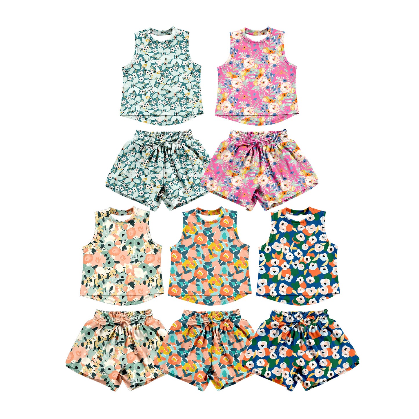 ( Moq 5 Each Style ) Sibling Baby Girls Kids Sleeveless Flower Shirt Shorts Sets Summer Clothes